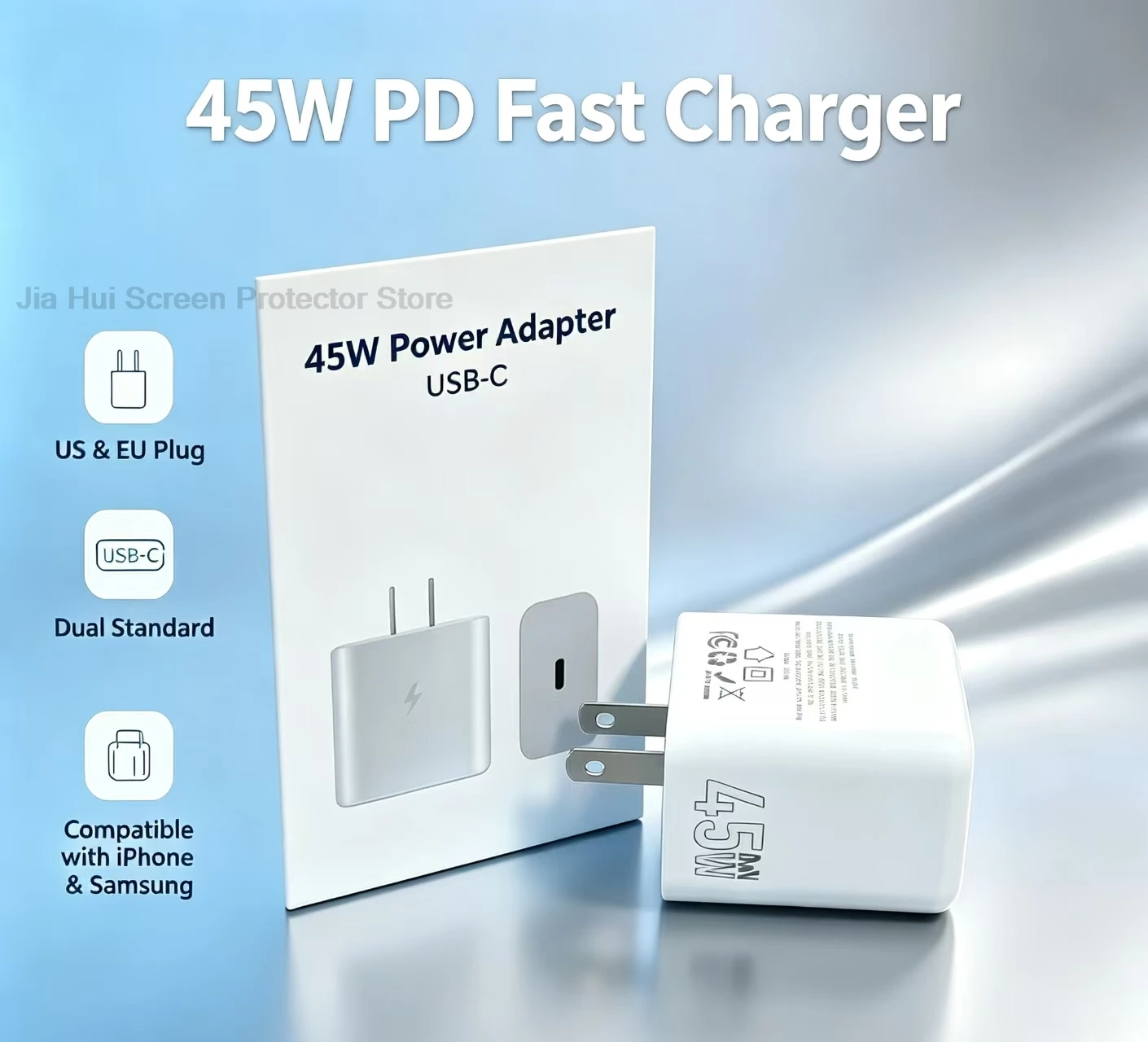 45W GaN PD Fast Charger US Plug Dual Port USB‑A Type‑C Wall Power Adapter Mini Portable Travel Charger for iPhone Android Tablet