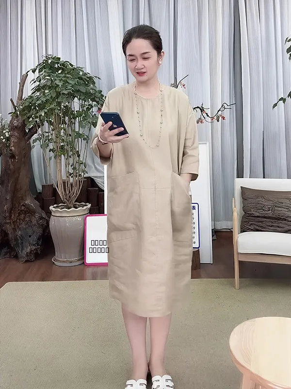 

Ladies Han Han Linen T-irt Dr Casual Sle Seven-Quarter Sve Loose Fit l Waist Spring New FSY50702