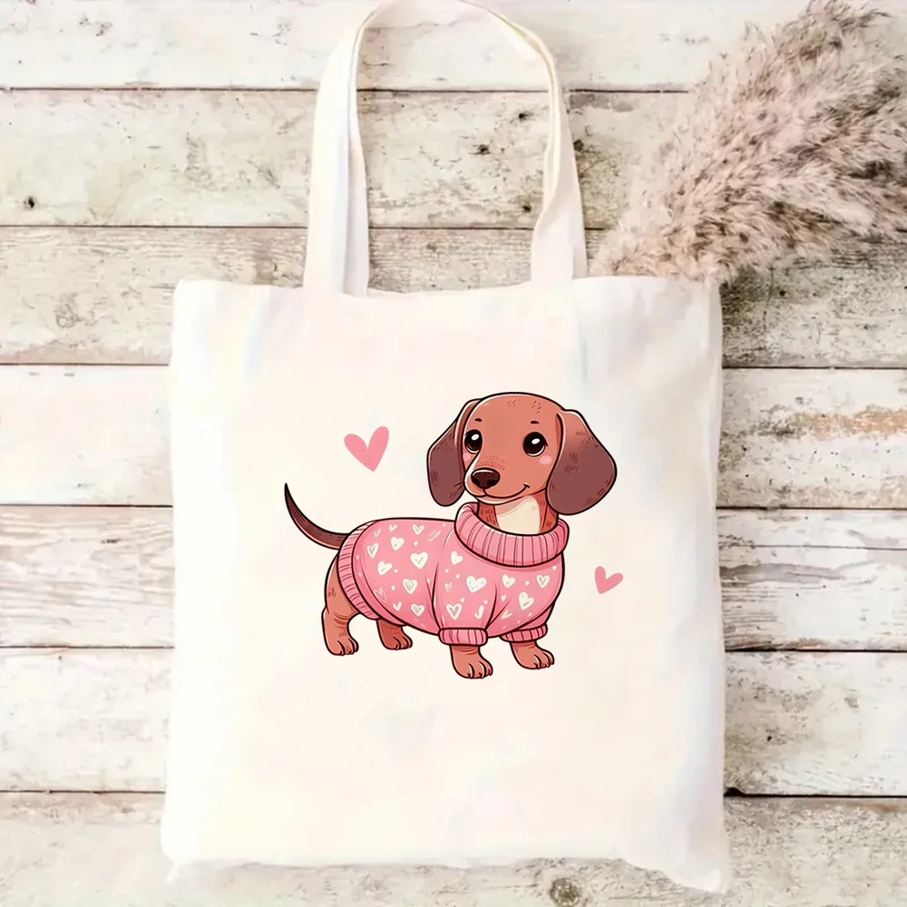 Aesthetic Dachshund Canvas Tote Bag Large Capacity Cute Wiener Dog Printed Reusable School Grocery Shopping Travel Shoulder Bag