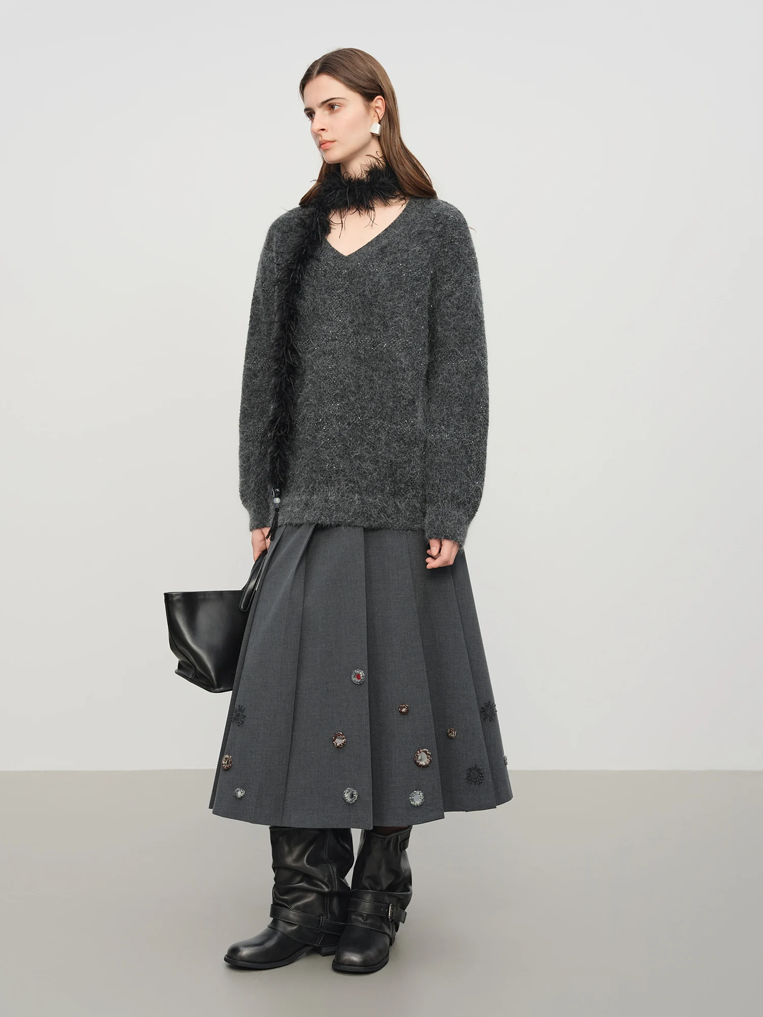 FSLE【Premium-Serie】 Winter 2025, Damen-Faltenrock im akademischen Stil – handverzierter mittellanger A-Linien-Rock mit hoher Taille