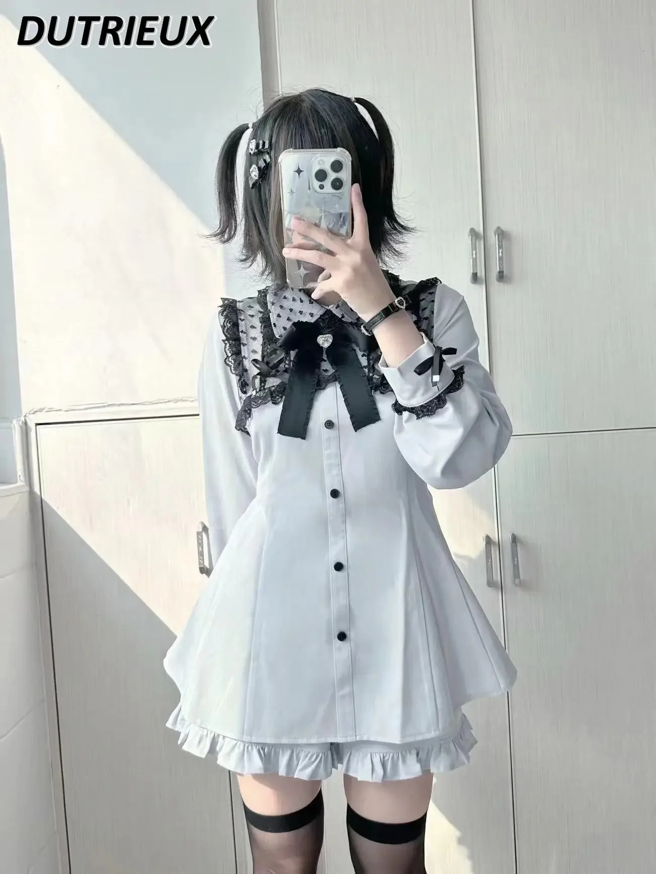 

Japanese Mine Mass-Produced Heart-Shaped Lace Tied Long Sleeve Dress Suit Women's Sweet Lolita Bow Ruffled Dress Shorts Set Lady