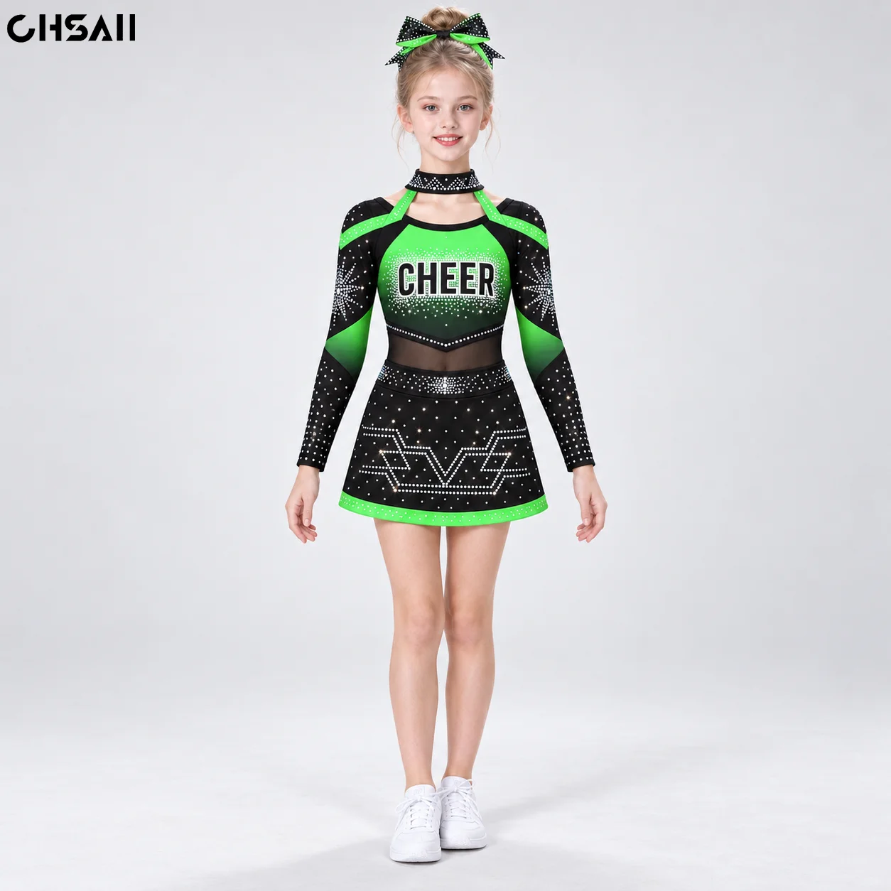 Girls Black Green Rhinestone Cheer Dress Long Sleeve Cut Out Neck Mesh Waist Sparkle Skirt Youth Competition Performance Costume