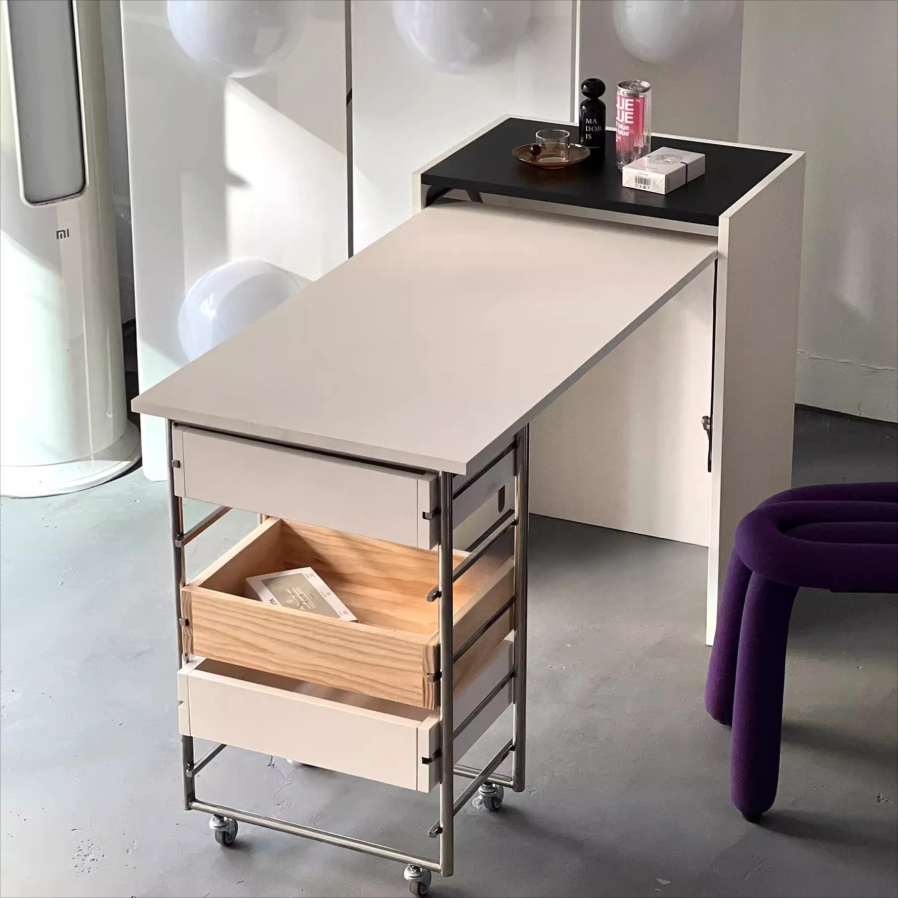 

Medieval solid wood folding table Multifunctional rectangular invisible bedside table Movable trolley Learning Office Desk