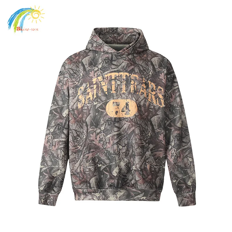 Fallen Leaves Full Print Camouflage Pullovers Men Women Best Quality Oversized Crack Letter Logo Saint Tear Hoodie Hooded