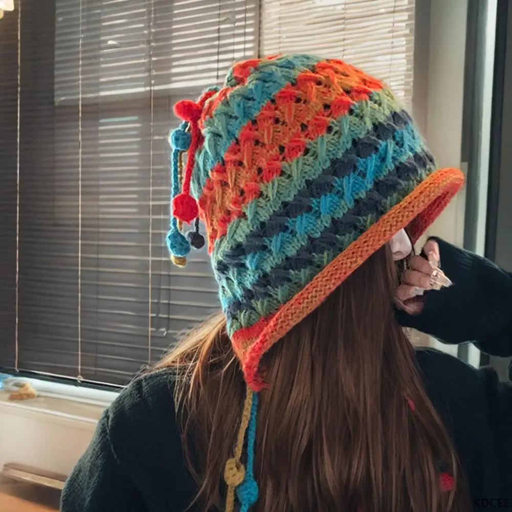 Colorful Rainbow Striped Knit Wool Beanie Hat For Women Winter Warm Crochet Ear Protection Cap Female Girl Snow Windproof Bonnet