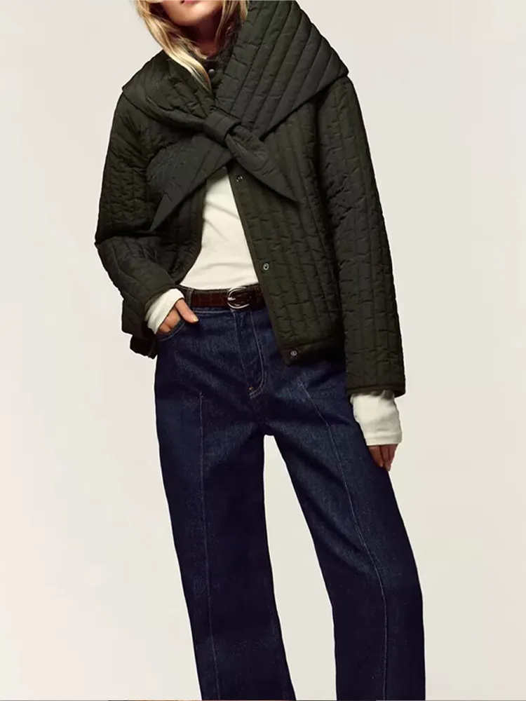 เสื้อโค้ทผ้าฝ้ายแขนยาวทรงหลวมสำหรับผู้หญิง สไตล์หรูหรา ปกผ้าพันคอแบบเรียบง่าย เหมาะสำหรับฤดูหนาว สวมใส่สบายๆ แบบลำลอง