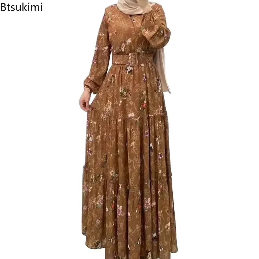 Nueva moda vestidos musulmanes mujer estampado Floral manga larga Maxi vestido Dubai Kaftan bata elegante vestido de noche Abaya para mujer