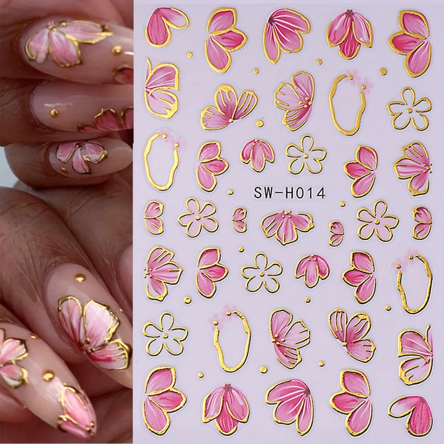 Pink Petal 3D Nail Stickers Floral Gold Geometric Design Acrylic DIY Spring Self-Adhesive Decor for Fingernails