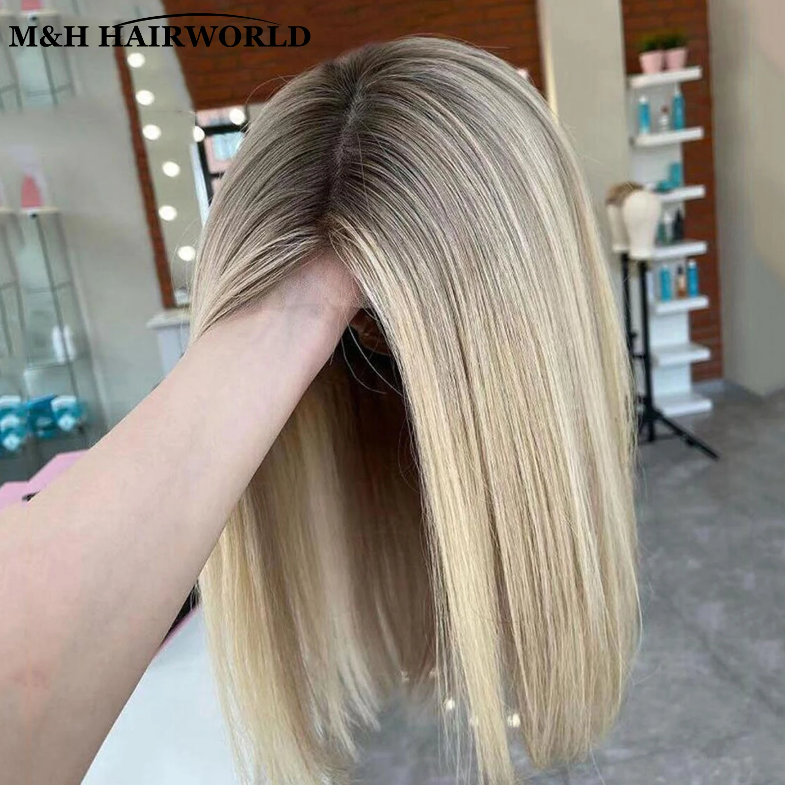 Ombre Ash Blonde Colored Highlight Wig 16Inch Short Straight Bob Synthetic Hair Lace Front Wigs 13x3 Frontal Lace Wigs For Women