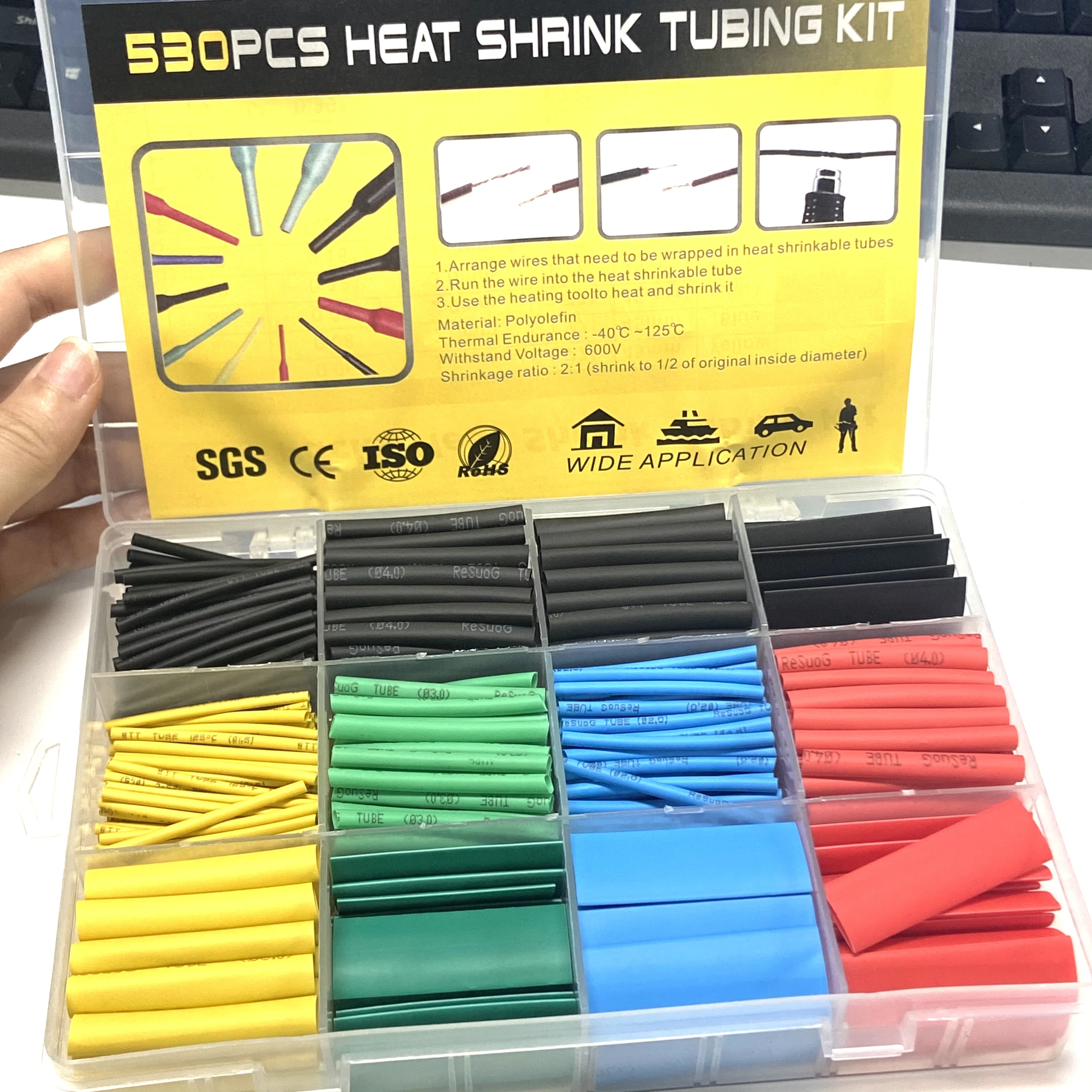 530pcs/box Heat Shrinkable Tube Shrinking Assorted Polyolefin Insulation Sleeving 2:1 Wire Cable Sleeve DIY Wire Repair