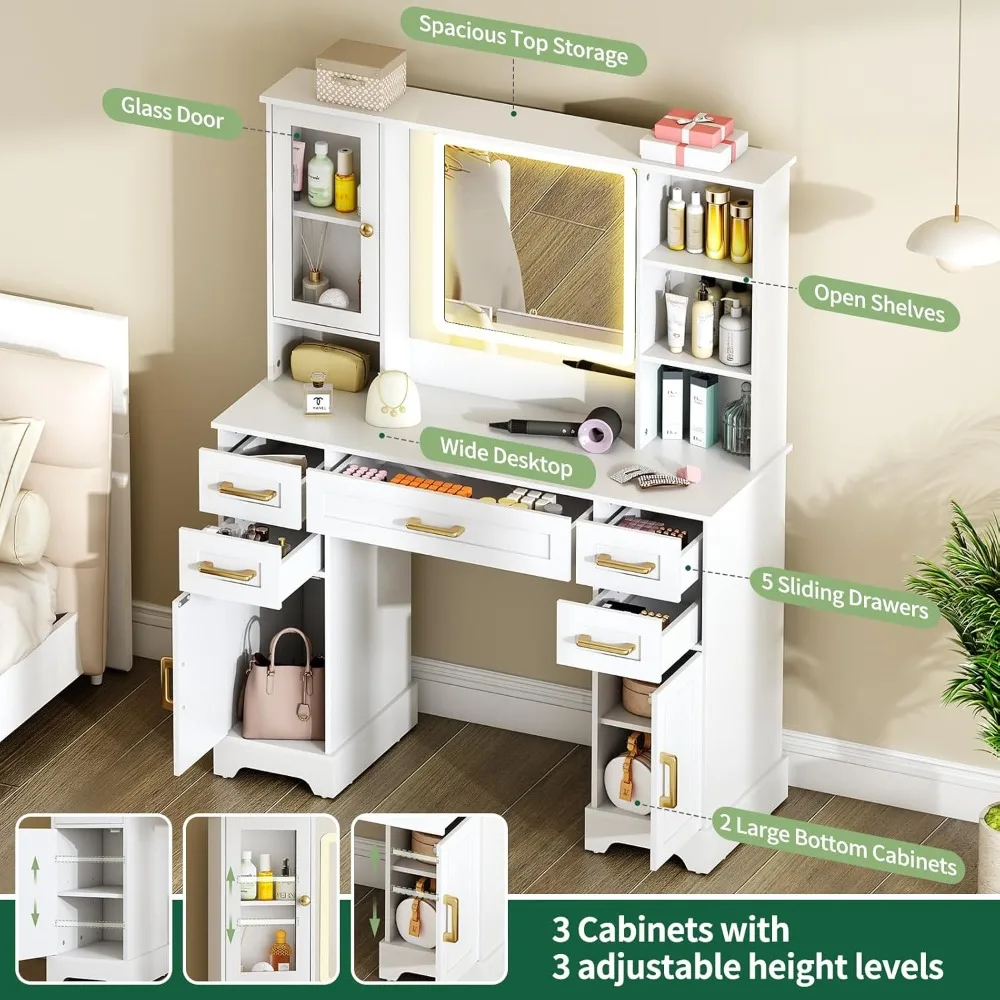 مكتب مكياج مع مرآة وأضواء - طاولة زينة بيضاء مع 5 أدراج تخزين و3 خزائن، طاولة تزيين خشبية مقاس 55.2 بوصة ارتفاعًا