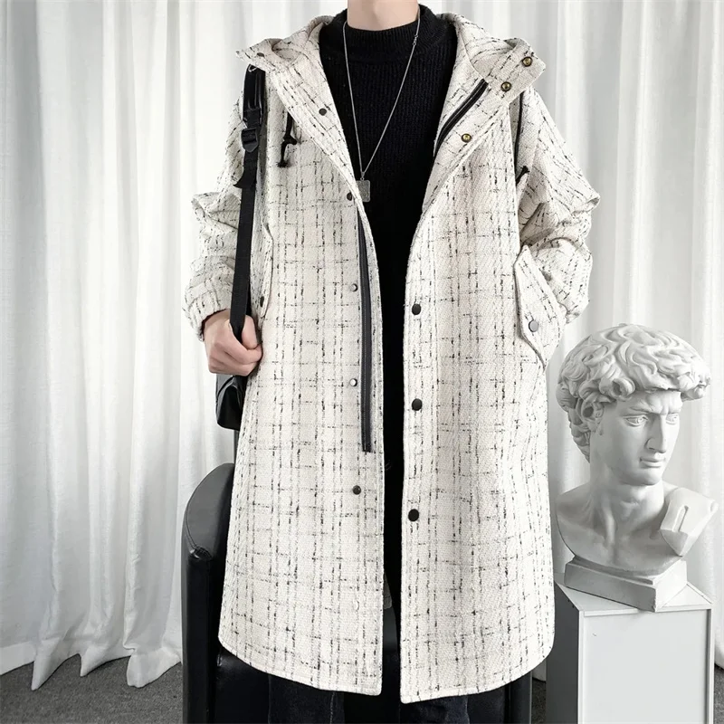 

Mid Length Windbreaker Men's Long Woolen Coat 2023 Spring Autumn High-end Coat Youth Handsome Top Hooded Jacket Trendy Commuting