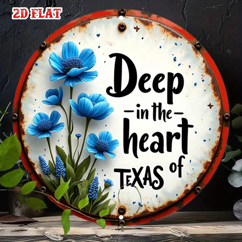 Plaque en aluminium ronde vintage 2D avec fleurs bleues, une pièce d'art mural en métal rustique représentant l'orgueil du Texas, parfaite pour la maison