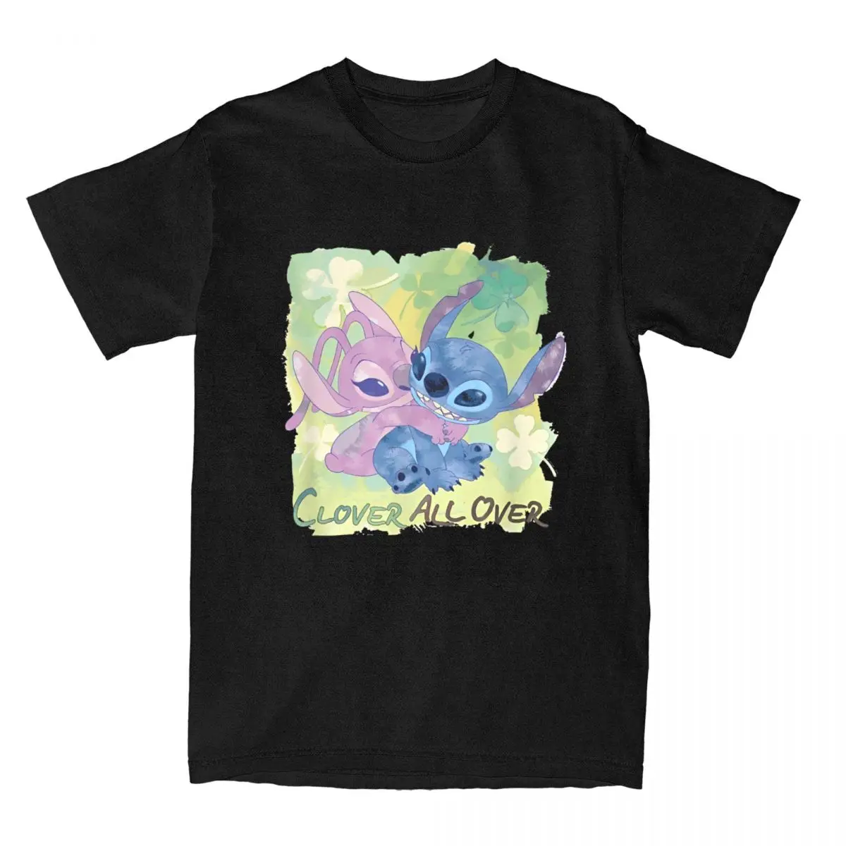 Lilo & Stitch Angel St. Patrick's Day Clover T Shirt Hipster T Shirts Short Sleeve Tshirt Pure Cotton O-Neck Plus Size Top Tees