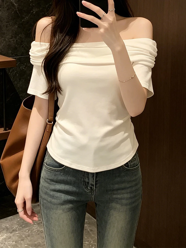 

plus Size Summer New Women's One Shoulder Design Short Sleeve Pure Desire Style T-Shirt Korean Version Breathable Skin-Friend...