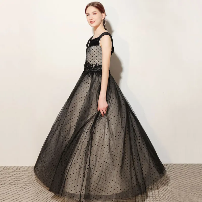 Meisjes vierkante hals gevlekte mesh parel kralen tienerjurk prinsessenjurk festivaljurk trouwjurk/aangepast