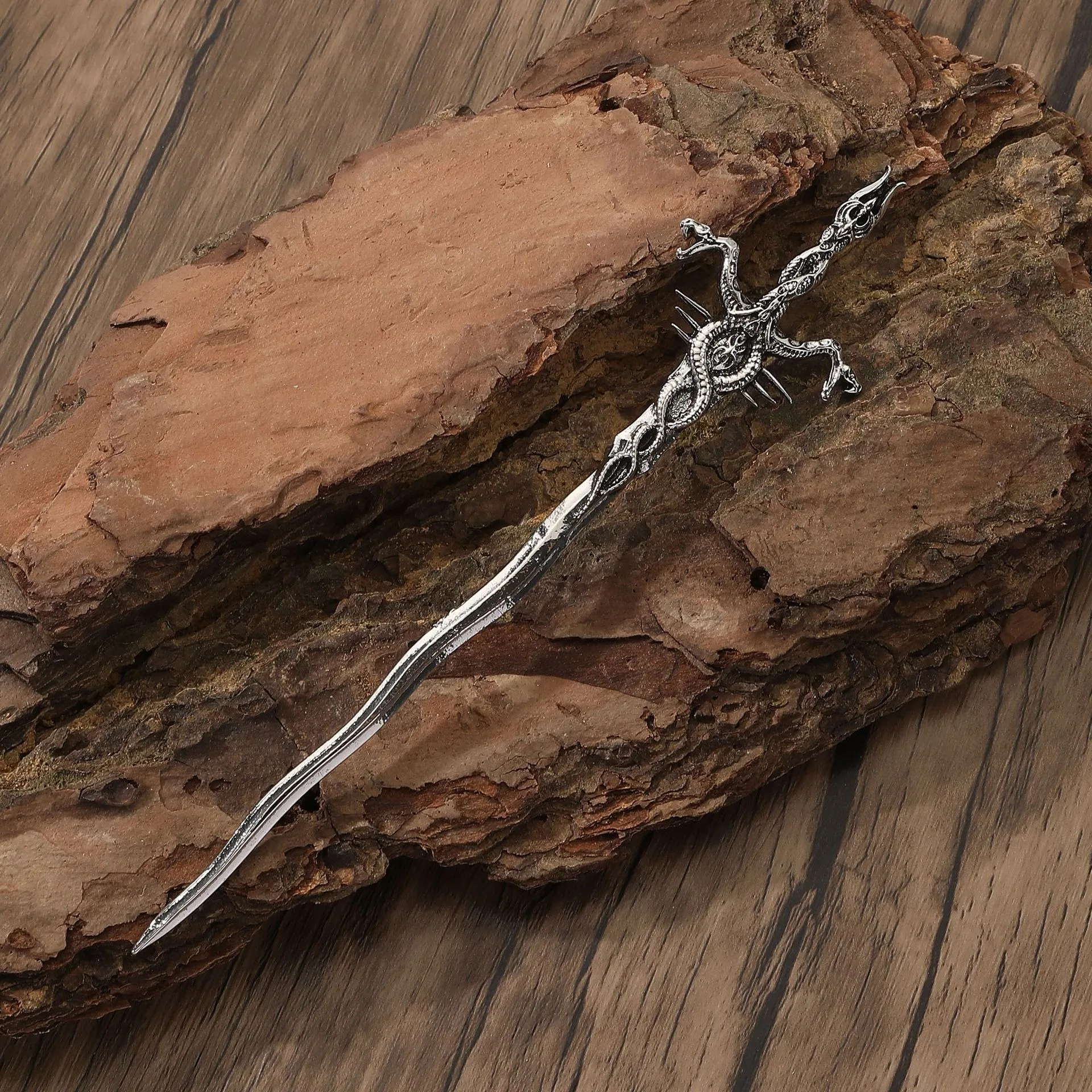 Fantasy Snake Wrapped Dragon Pattern Sword Shaped Hairpin Si