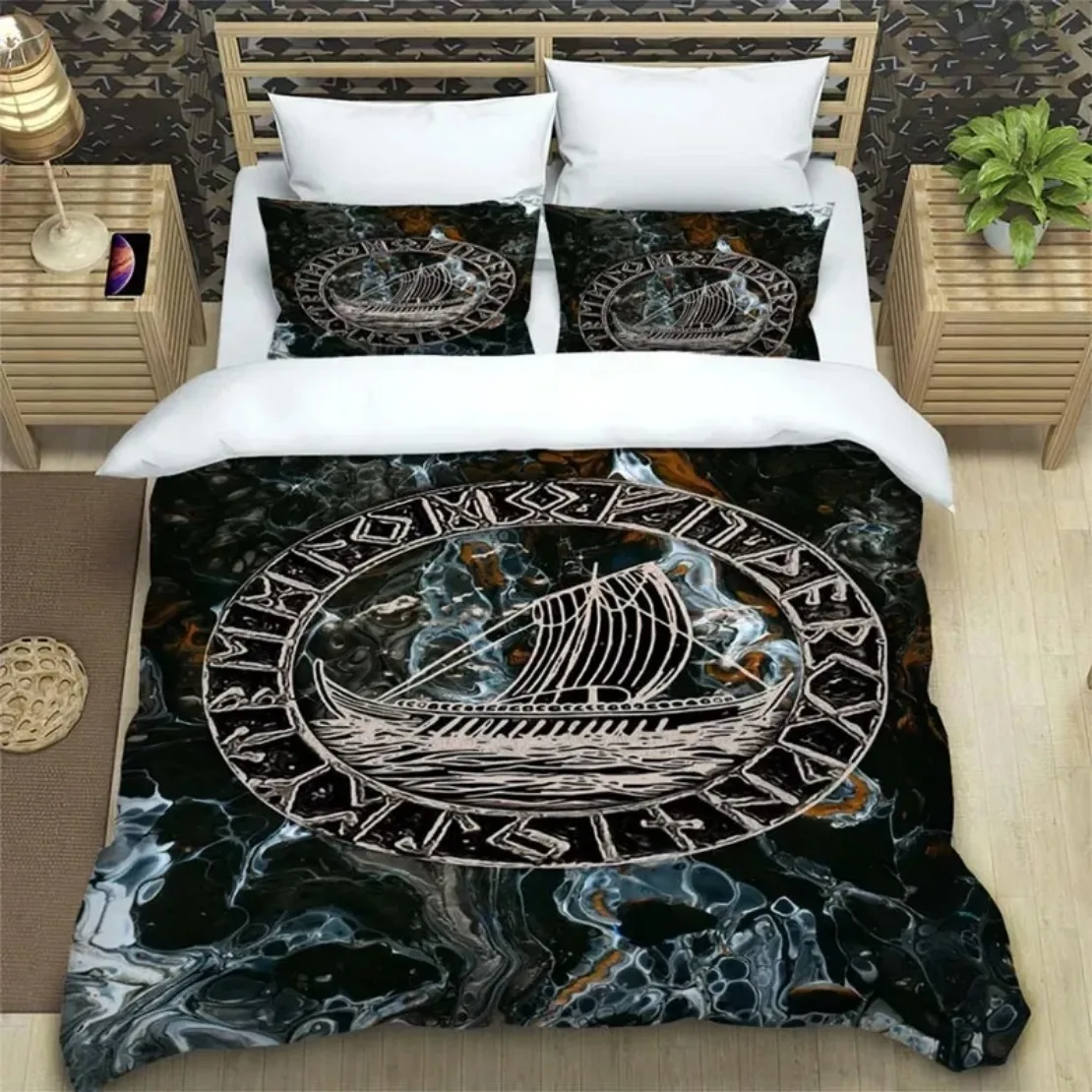 Juego de cama vikingo con motivos de folclore escandinavo, funda nórdica, funda de almohada, funda de edredón Mjollnir de cultura germánica del norte