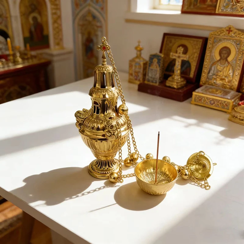 Gold Plated Orthodox Hanging Censer Set with Angel Embossed Carvings and Bells for Church Liturgy Incense Burning Devotion Gift