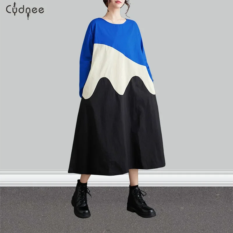 Women's Casual Long Sleeve Contracts Color Patchwork Tunic Dress Casual Crewneck Loose Patch-Applique Multicolored Shirt Dress