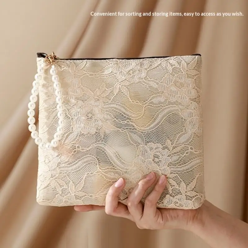 Lace Cosmetic Bag Pearl Wrist Strap Semi Transparent Durable Makeup Organizer for Business Trip Toiletry Storage