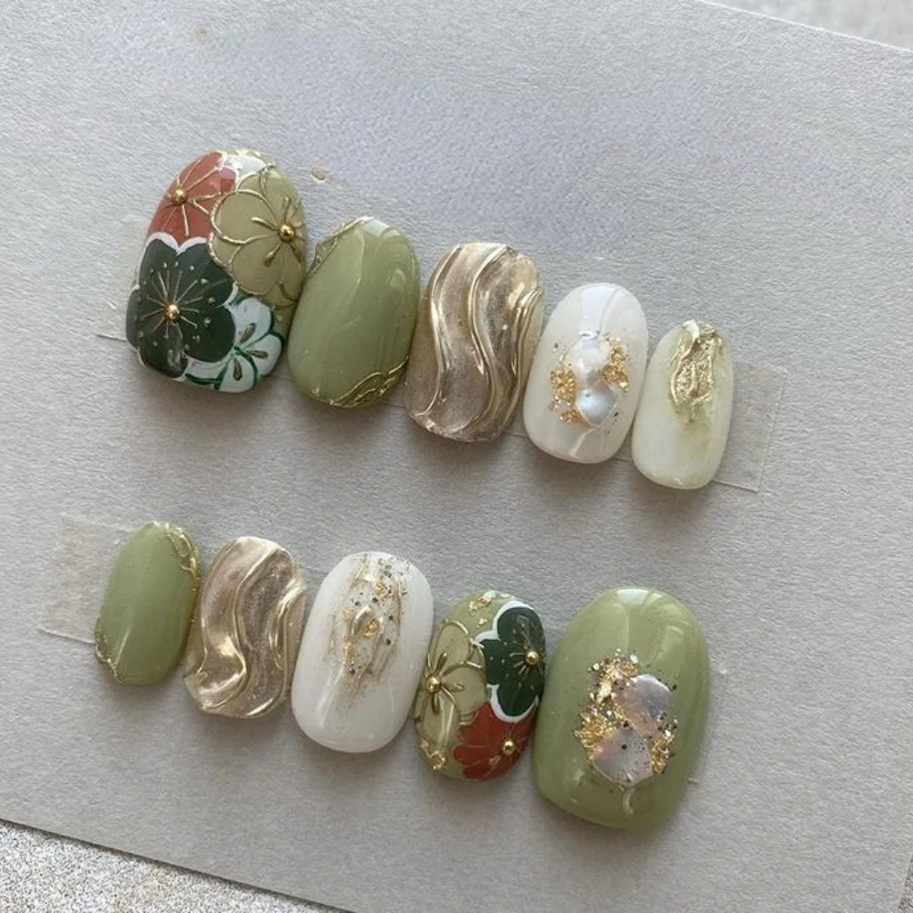 Ensemble de limes à ongles pour salon de manucure, fausses fleurs et perles, faites à la main, mignonnes, courtes, ovales, N64.Art N64.10 pièces