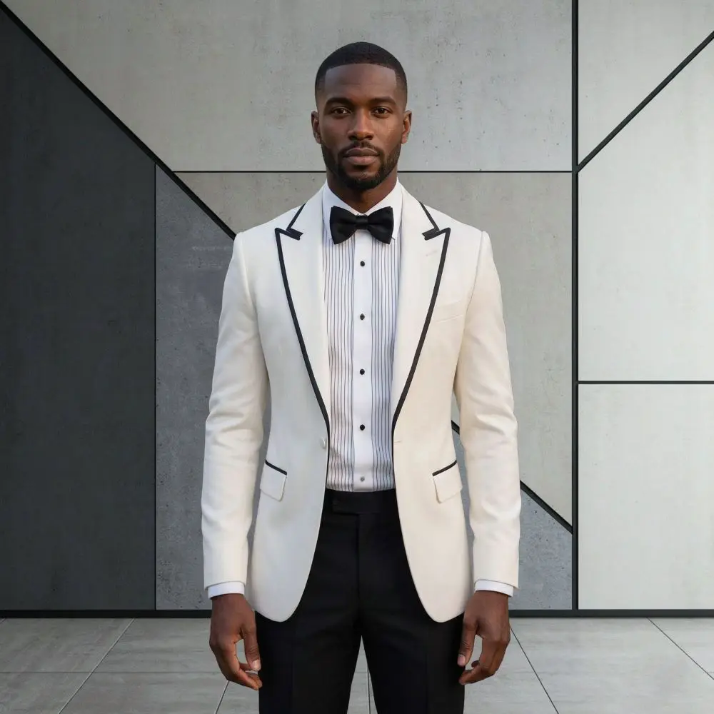 White Formal Wedding Tuxedo Groom 2 Pieces Slim Fit Prom Men Suits Custom Made Peak Lapel Classic Villa Banquet Gala Theme