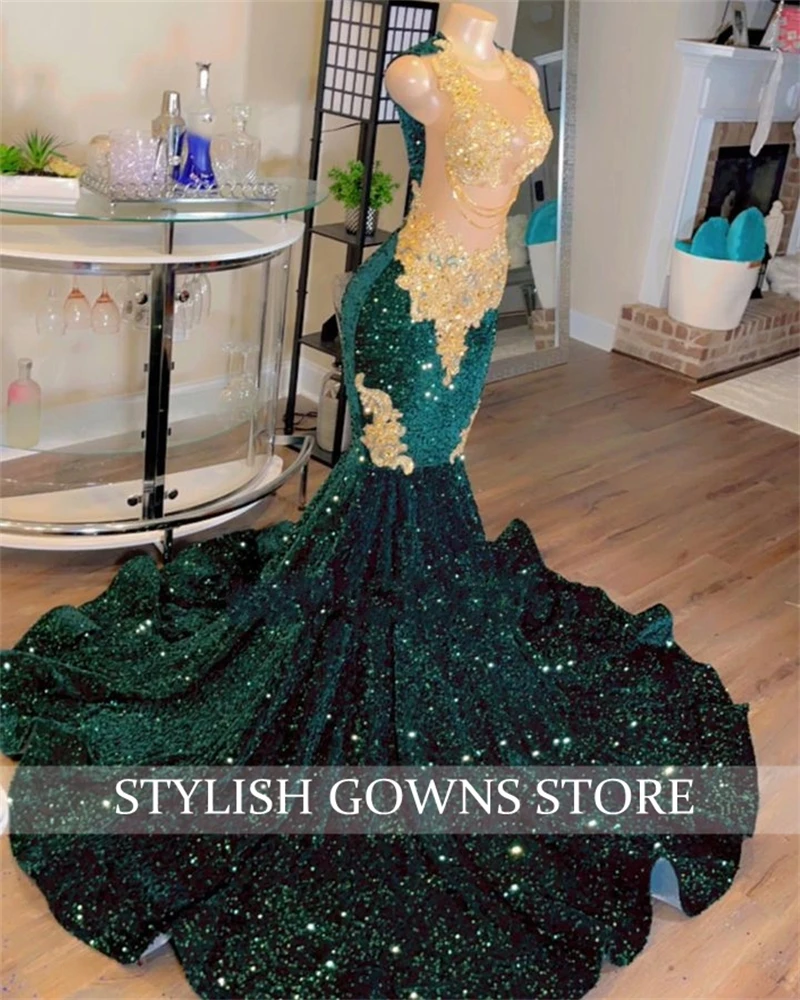 Emerald Green Long Prom Dress For Black Girls Beaded Appliques Birthday Party Gown Sequined Evening Gowns Customized