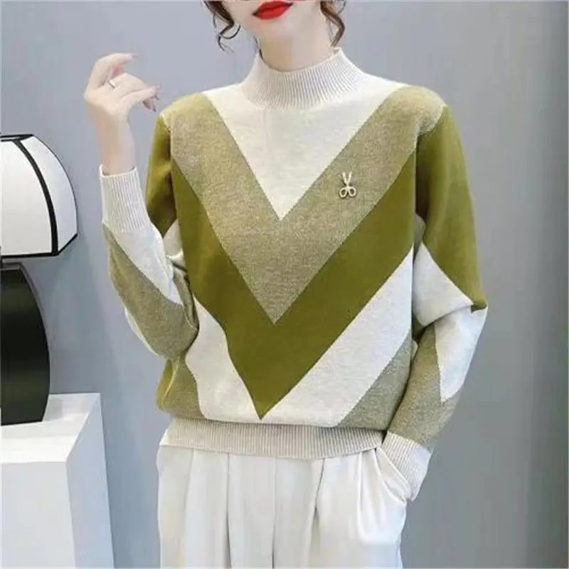 Casual Geometric Patchwork Sweaters Autumn Winter Long Sleeve Commute Female Clothing Casual Half High Collar Knitted Jumpers