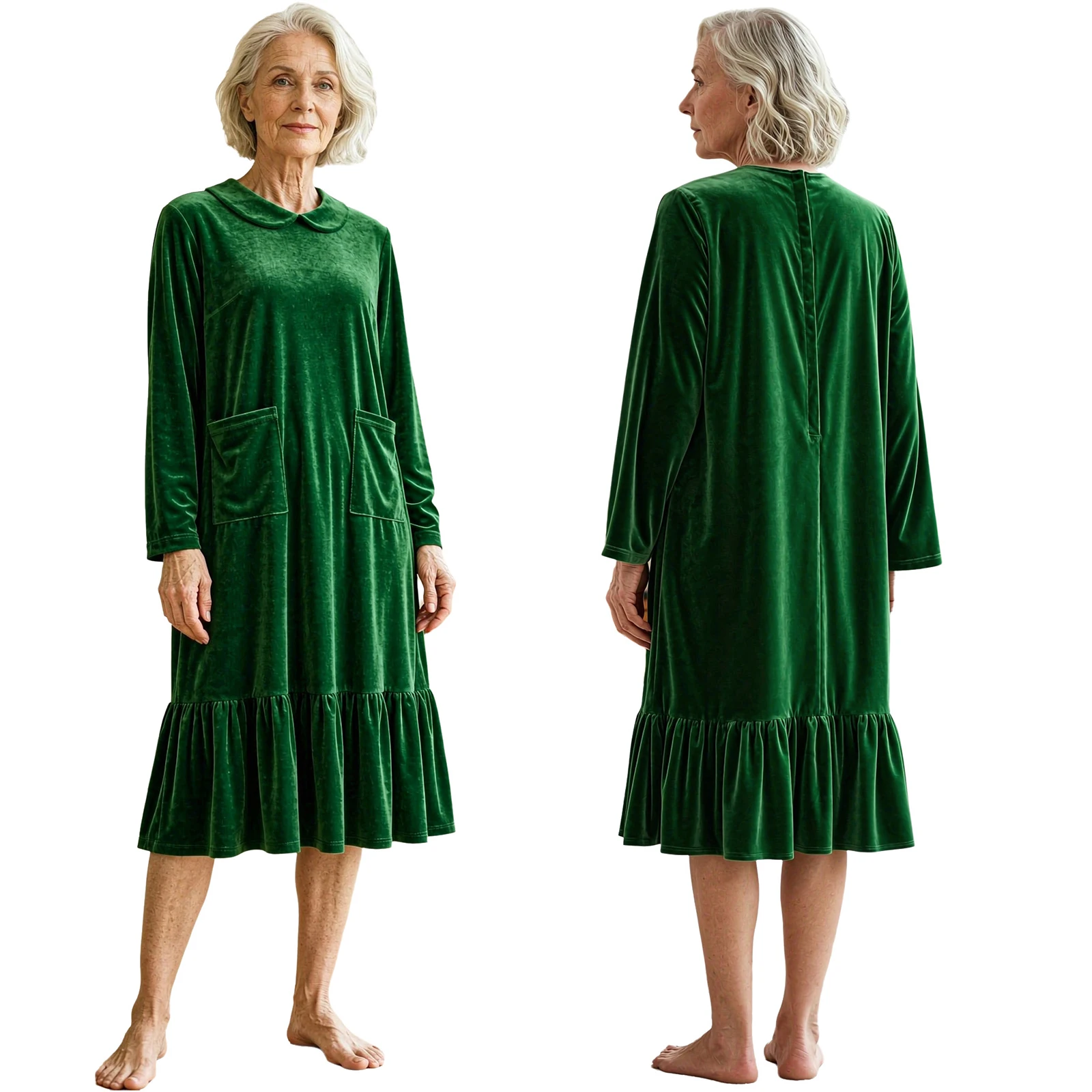 Women Adaptive Warm Velvet Nightgown V-neck Long Sleeve Press Button Shoulder Open Back Nightdress Pockets for Elderly Nursing