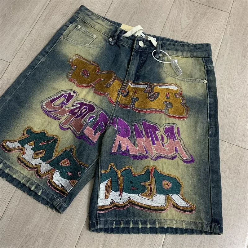 DUAA Blue Denim Shorts  Men Women Best Quality Retro Letter Logo Embroidered Oversized Denim Shorts
