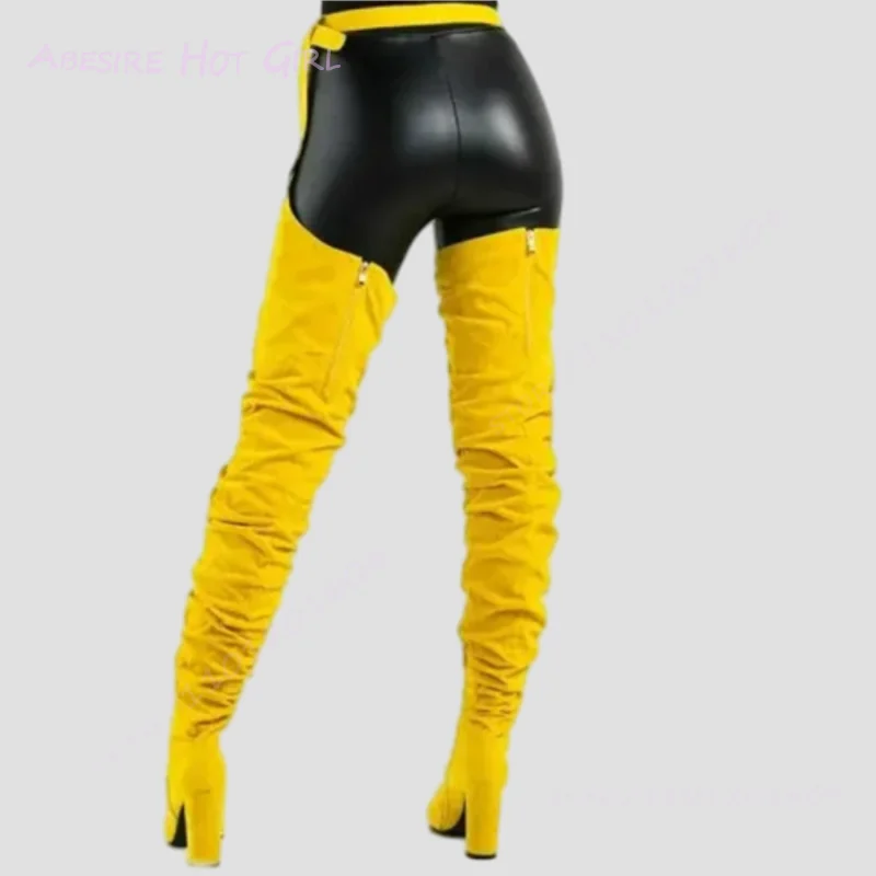 Pants Chunky Heel Long Boots Women Yellow Pointed Belt Buckle Suede Red Shoes Red Leather Hollow Tassel Sporty Stage Cool Shoes