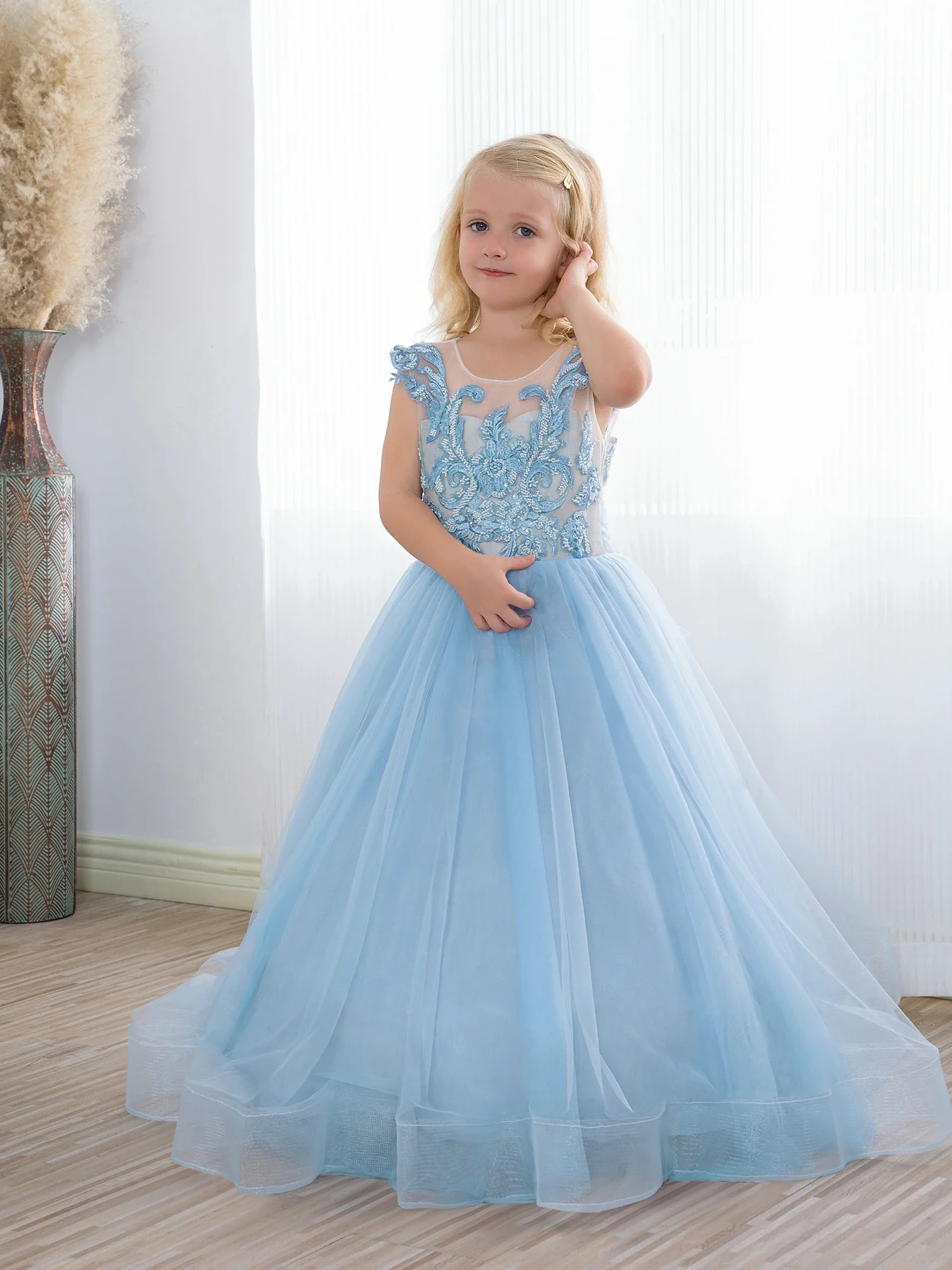 Light Blue Fairy Flower Girl Dresses Lace Appqulies Wedding Party Guest Bridesmaid A Line Princess Gown Skirt Tulle