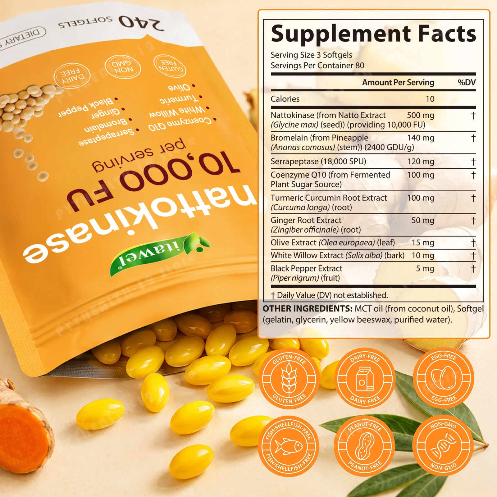 Nattokinase Softgels 10000 FU with Bromelain & Serrapeptase for Heart Health,  Enzyme Complex Supplement Circulation, 240 Count