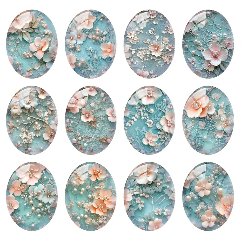 Random Mixed Round/Oval/Square Light Blue Lace Floral Flower Photo Glass Cabochon Flatback Demo Cameo For Diy Jewelry Making
