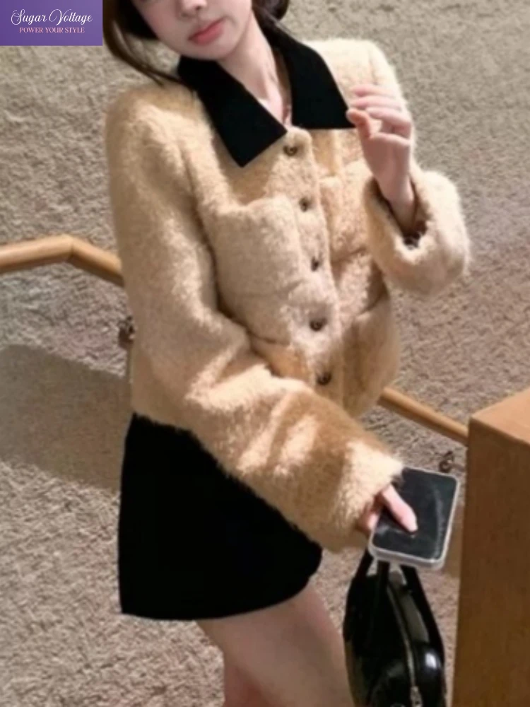 

French Elegant 2 Piece Set Women Slim Long Sleeve Polo Coat + High Waist Skirt Chic Retro Fur Jacket Fashion Casual Party Outfit
