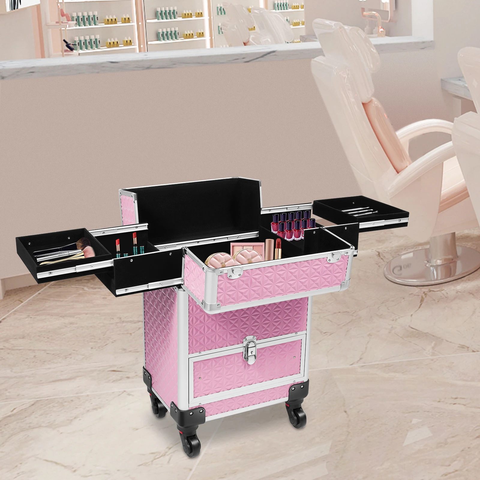 13.39.721.5in Wheeled Makeup Travel Case, 20kg / 44.09lbs Weight Capacity, Large Storage for Cosmetics, Jewelry, Nail Supplies & Hair Styling Tools