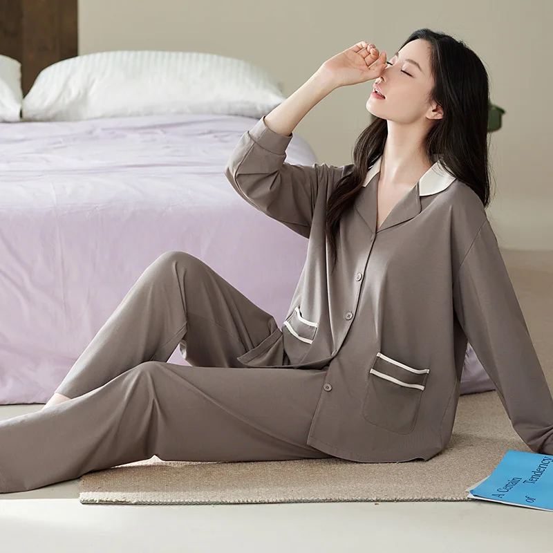 Women Modal Cotton Pajamas Set Solid Single Breasted Long Sleeve Fashion Cardigan Sleepwear Loungewear Spring Autumn Pajama Sets