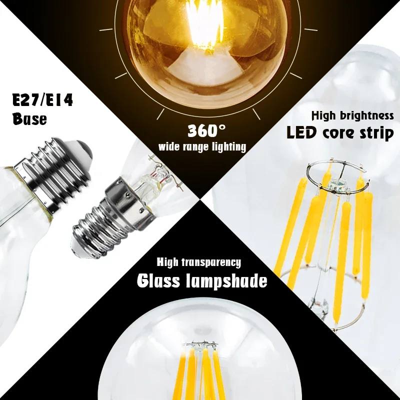 Imagem -03 - Lâmpada Led Retro Edison Filamento E27 E14 2w 4w 6w 8w C35 A60 G95 Lampada Bombilla Sala de Estar Luminária de Casa Lâmpadas 220v