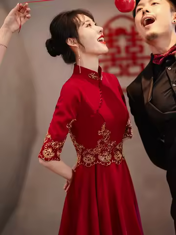 Cheongsam Toast Dress Wine Red Short Engagement Formal Evening Dress Chinese Traditional Wedding Party Cocktail Qipao Dresses