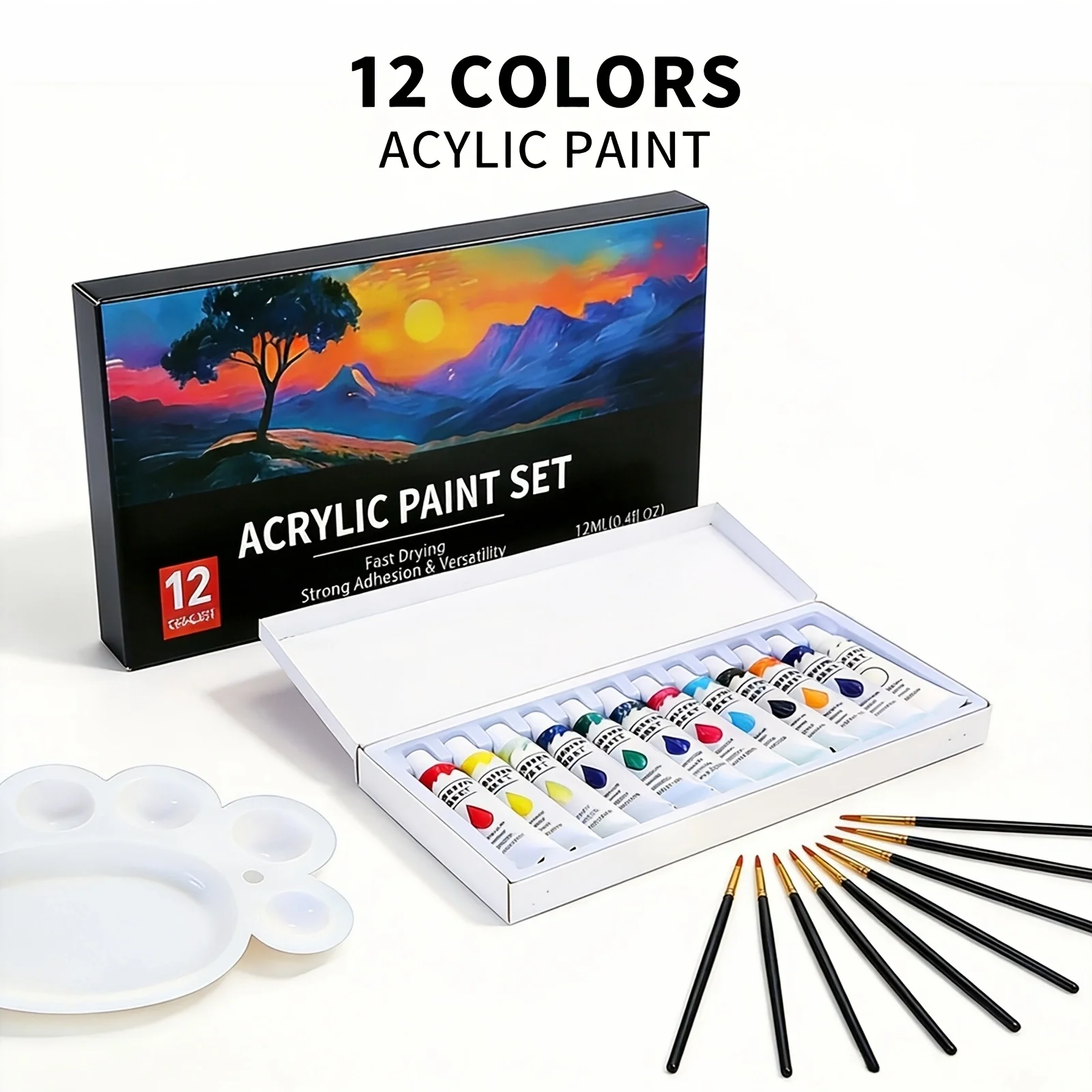 12/24 Color Acrylic Paint Set for Beginners, Complete Kit with Brushes + Palette, DIY Hand-painted Wall & Rock Painting Gift Box