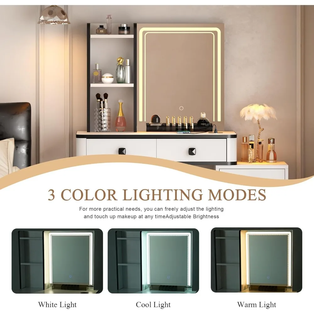 مجموعة مكتب Soges Vanity، مرآة وأضواء LED للمكياج المدمج، مقعد مبطن، طاولة تزيين مع خزانة تخزين، Stora #4