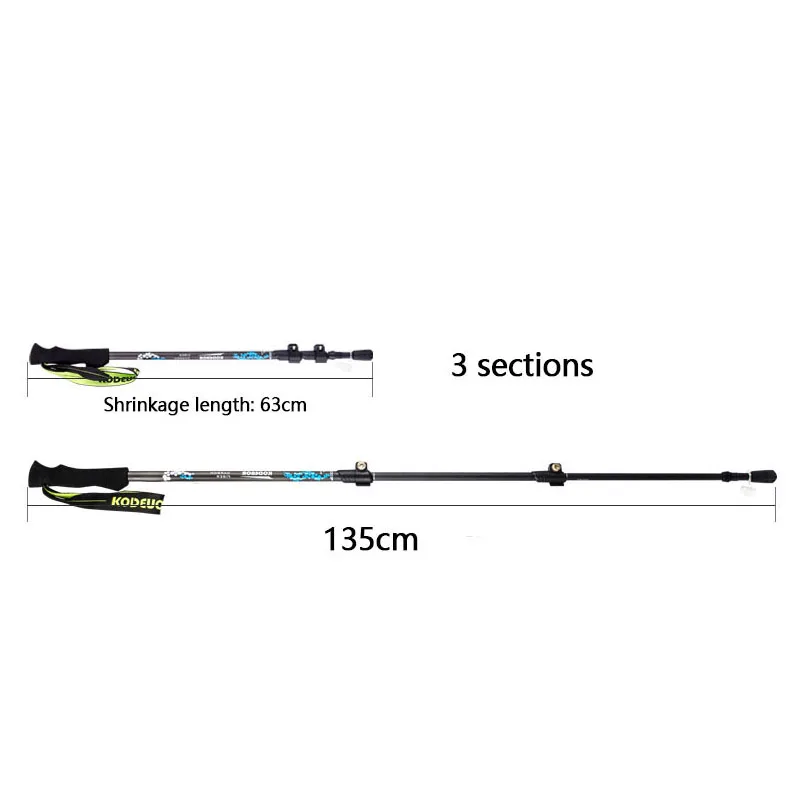 1PC KODENOR Walking Stick Carbon Cane 3Sections 63-135cm Telescopic  Alpenstocks Outdoor Hiking