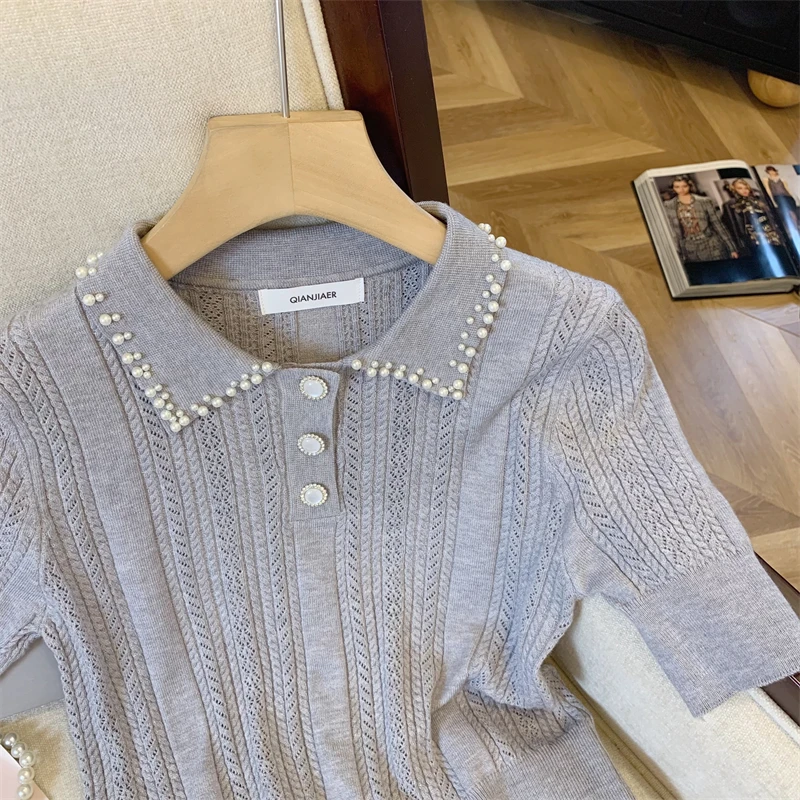 Pearl Beaded Sweater Women Knit T-shirt Pullover 2024 Summer Korean Fashion Elegant Ladies Tees Tops Short Sleeve Stylish Jumper