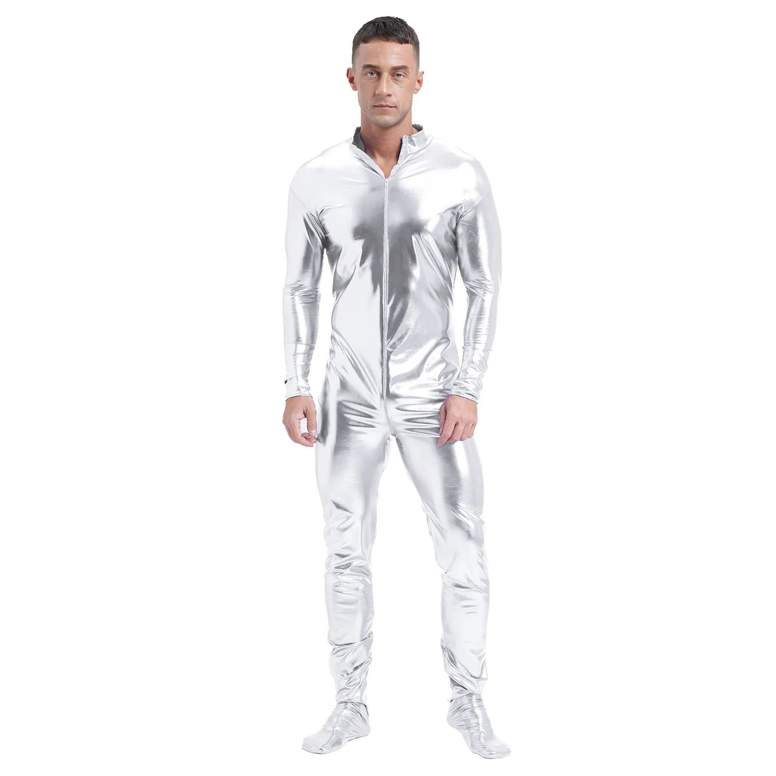 

2024 Shiny Metallic Catsuit for Mens Party Clubwear Rubber Overall Bodysuit Zentai Jumpsuit Long Sleeve Full Body Unitard Tights