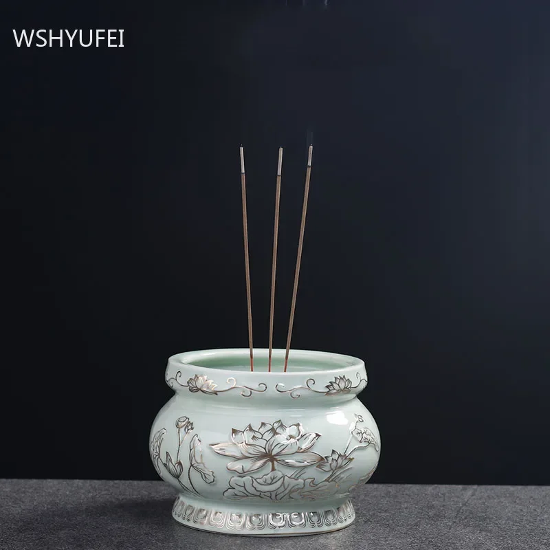 Traditional Ceramic Lotus Incense Burner Ornaments Buddha Hall Lotus Stove Decoration Home Feng Shui Worship Accessories