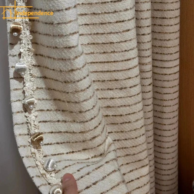 New Cotton Stripe Beige Jacquard Thickened Chenille Curtains for Living Room Bedroom French Window Customized Finished Products