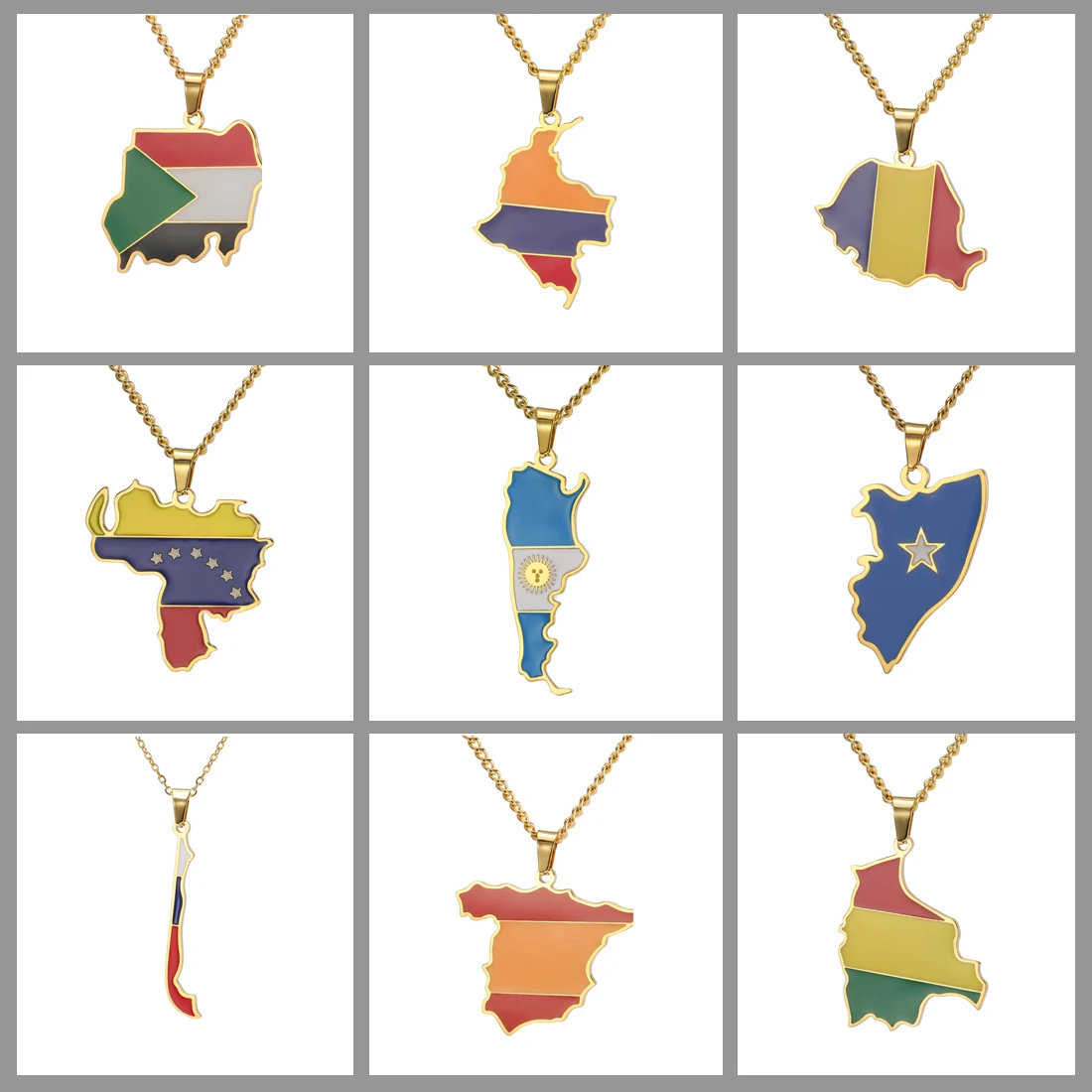 EUEAVAN National Map Flag Pendant Necklace Sudan Argentina Somalia Colombia Romania Venezuela Chile Spain Bolivia Ethnic Jewelry