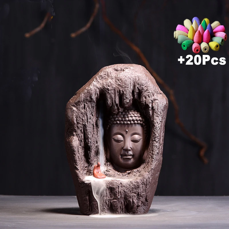 

Buddha Statue Zen Waterfall Incense Home Decor Purple Clay Censer