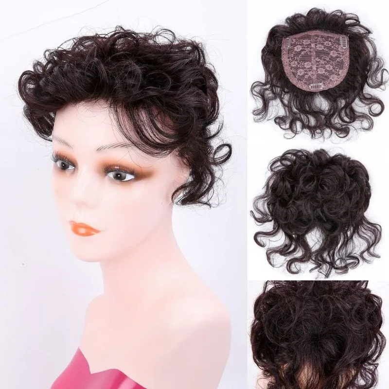 Wavy Human Hair Topper with Bangs One Piece Clip in Head Top Replacement Rose Base